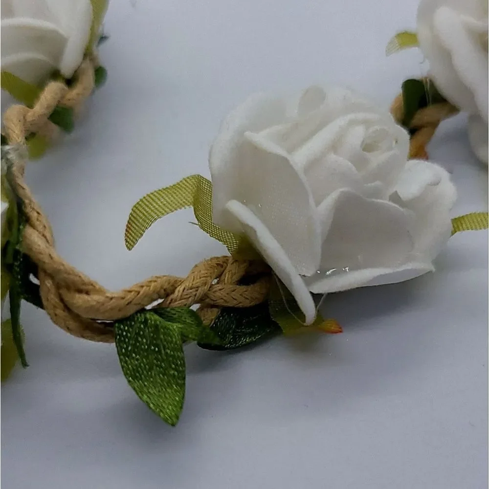 White Rose Halo Boho Fairy Rustic Wedding Flower Girl Bride Flower Headband
